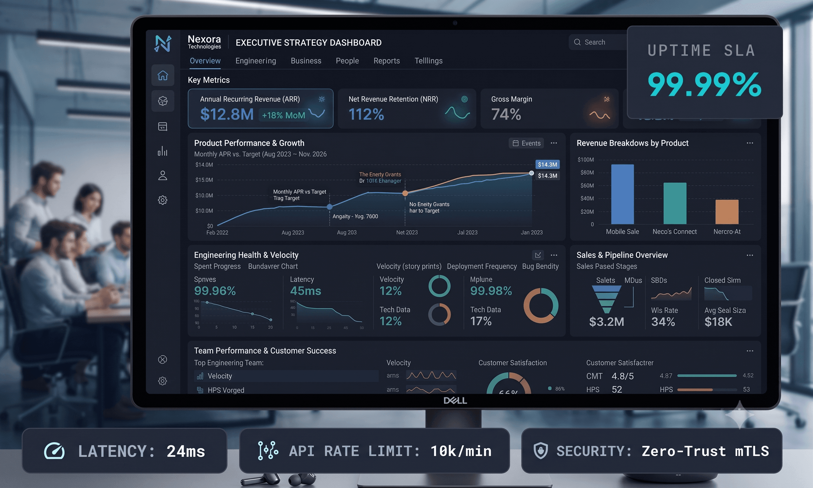 Nexora executive strategy dashboard on a desktop monitor showing 99.99% uptime SLA, 24ms latency and zero-trust mTLS security