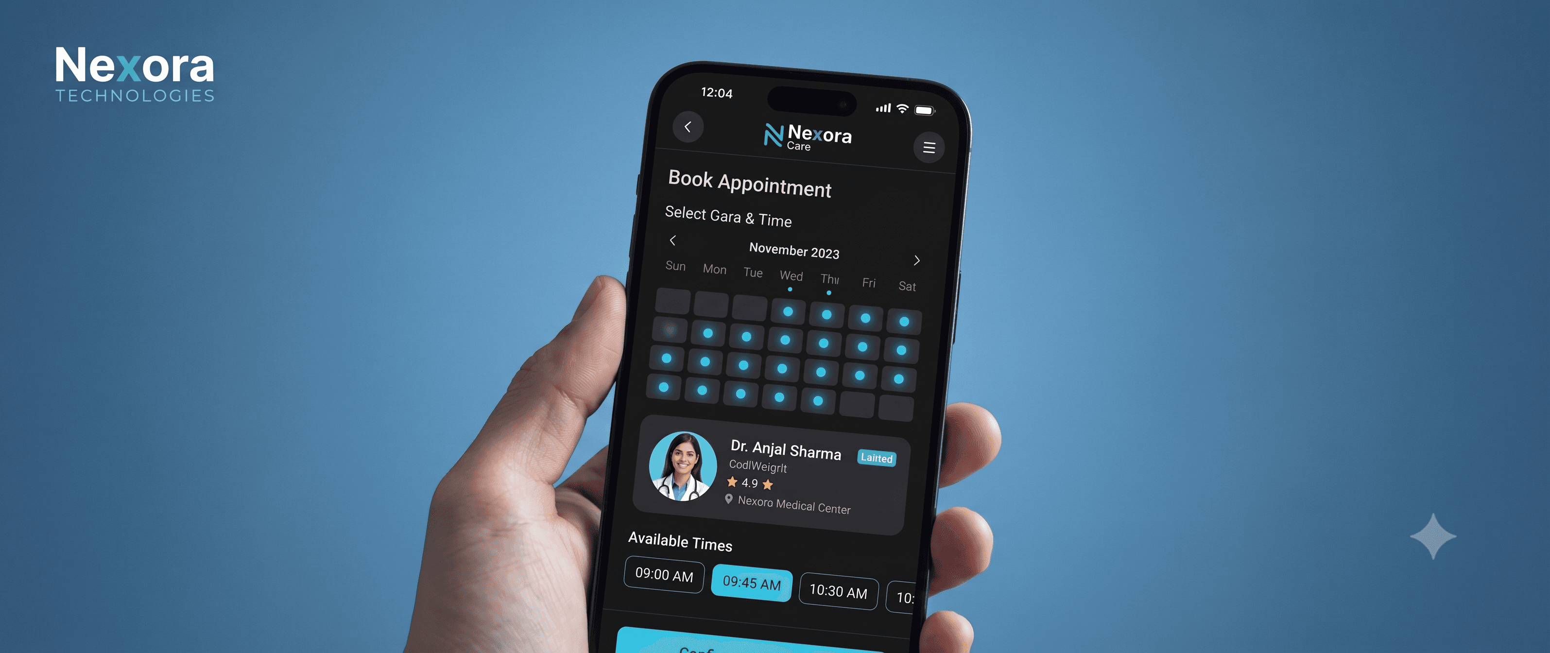 Hand holding a smartphone showing the AppointEase appointment calendar, doctor profile and available time slots