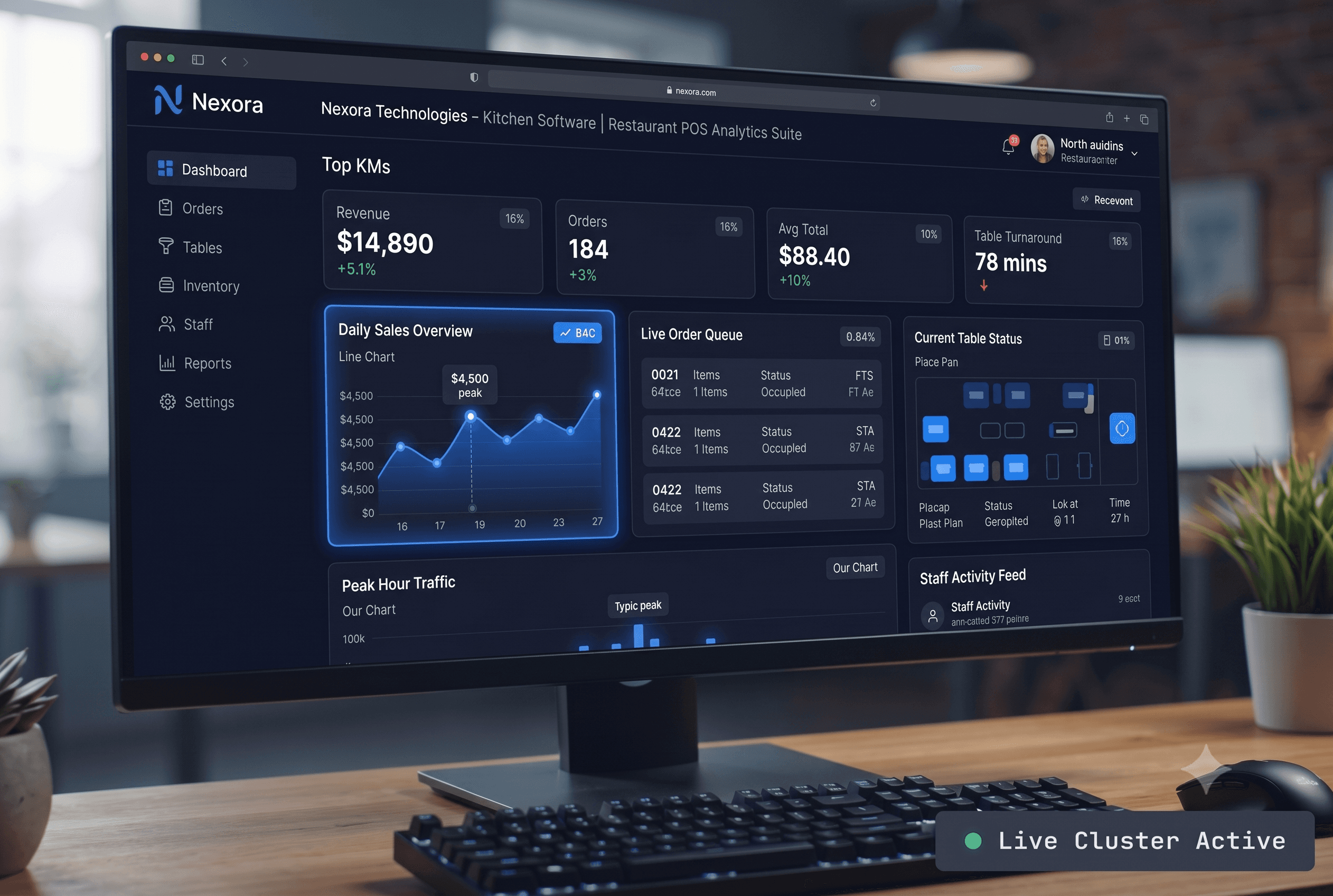 Desktop monitor running the Nexora restaurant POS analytics suite with revenue, daily sales, live order queue and table status